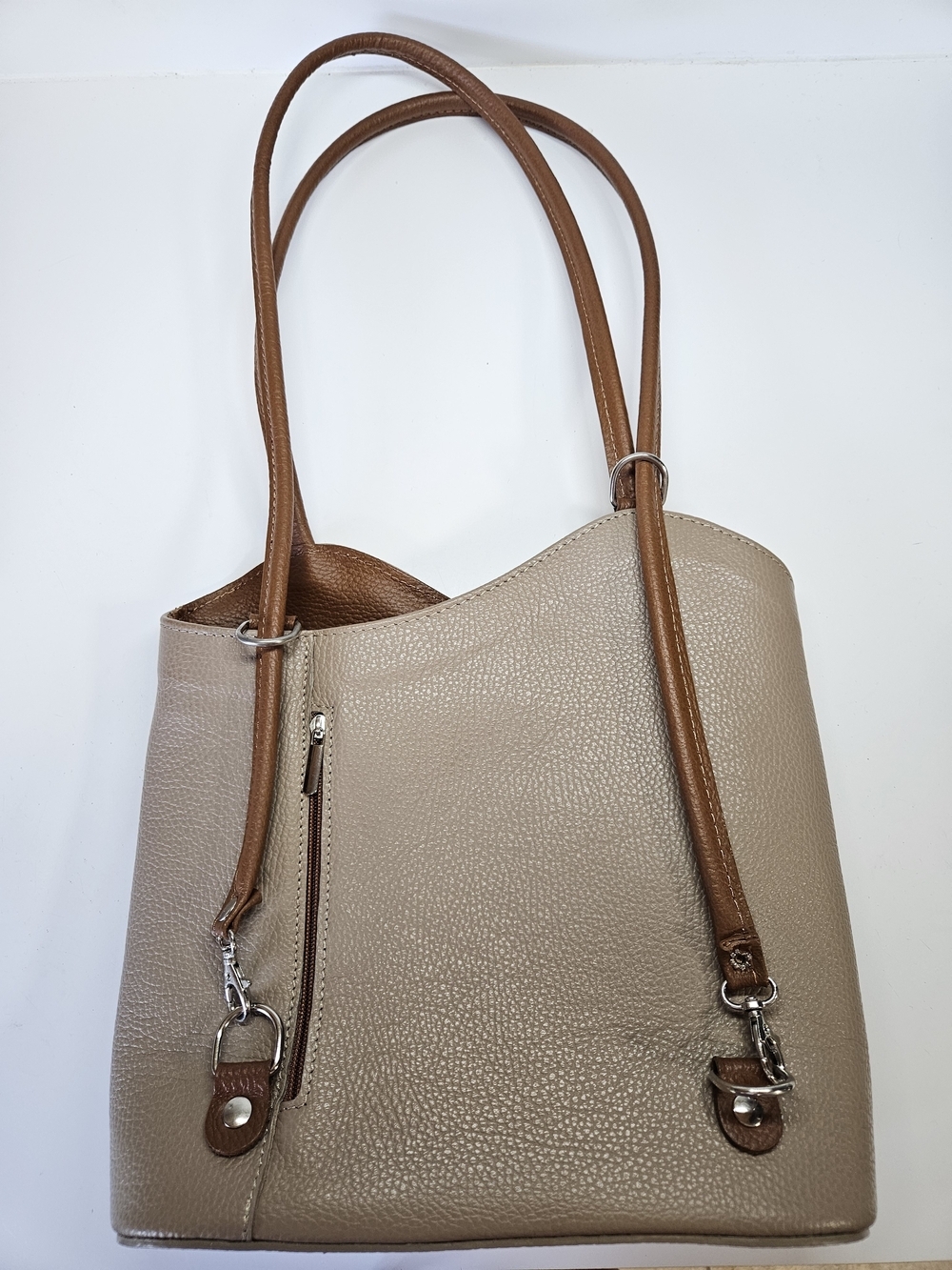 Borse in Pelle Genuine Pebbled Leather Brown Convertible Bag Backpack Made Italy